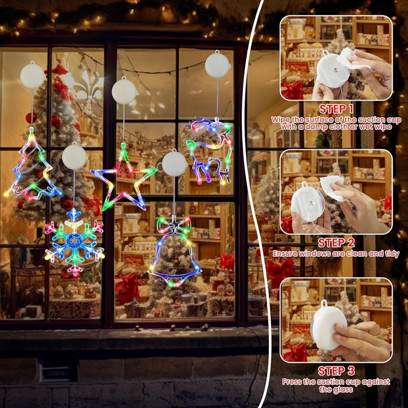 BHCLIGHT 5 Pack Christmas Window Lights, Multicolor X-Mas Tree, Reindeer, Bell, Snow, Star Lights, Battery Operated Christmas Window Decorations with Suction Cup and Timer Function for Window Glass Decor - Image 3